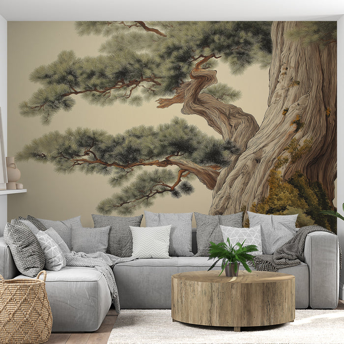Un salon contemporain avec un papier peint représentant un arbre majestueux aux branches sinueuses et aux feuilles délicates, créant une atmosphère apaisante et naturelle.