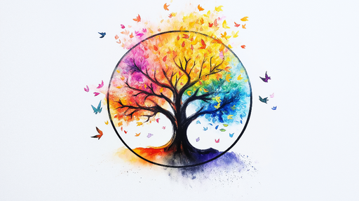 Papier peint arbre de vie Arbre vibrant avec oiseaux en aquarelle