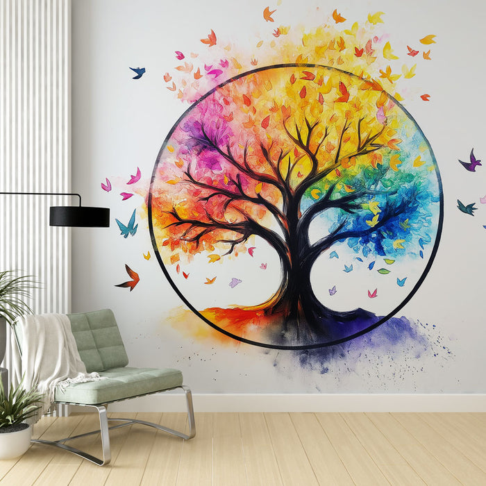 Papier peint arbre de vie | Arbre vibrant avec oiseaux en aquarelle