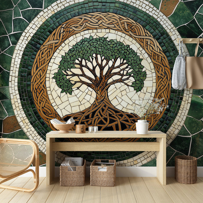 Papier peint arbre de vie | Mosaïque artisanale en vert et or