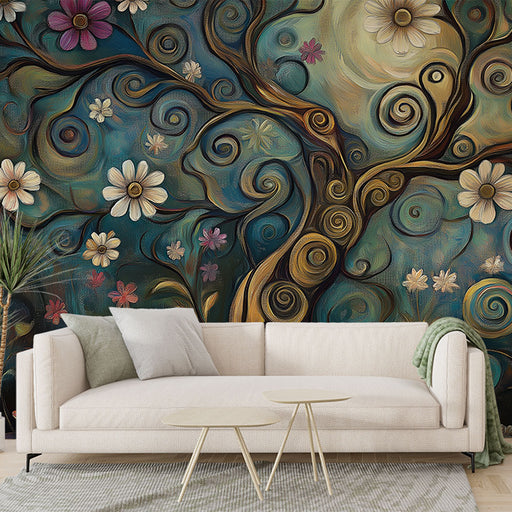 Papier peint arbre de vie avec motif décoratif coloré et abstrait pour salon moderne