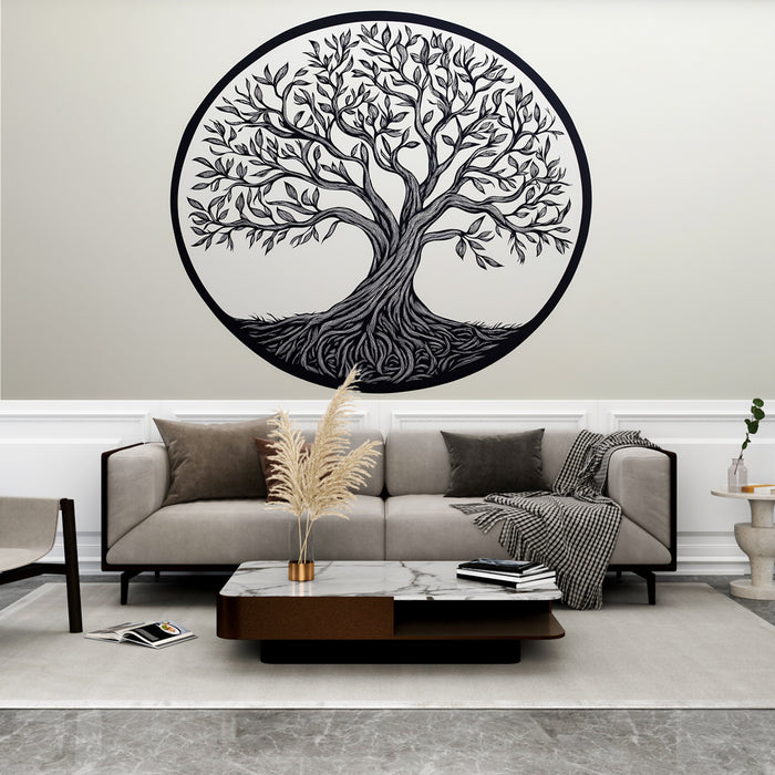 Papier peint arbre de vie | Motif noir et blanc de racines et feuillages