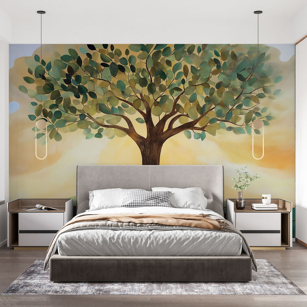 Papier peint peint grand arbre, effet 3D, lune et étoiles, papier