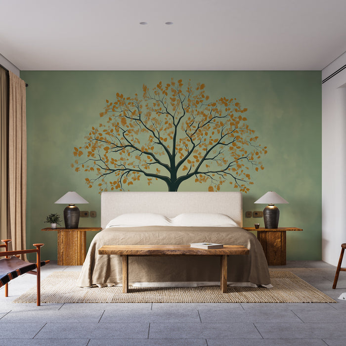 Papier peint arbre de vie avec motif stylisé sur fond vert pour chambre moderne