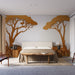 Papier peint design avec silhouettes d'arbres stylisées sur fond blanc pour chambre moderne