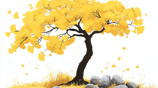 Papier peint arbre doré Arbre aux feuilles jaunes avec des pierres et de l'herbe