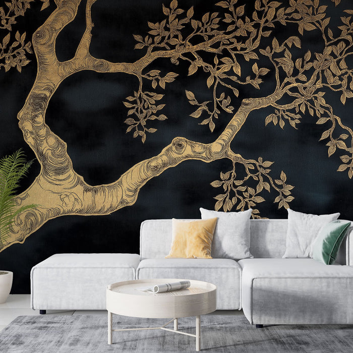 Papier peint arbre doré | Motif élégant de branches et feuilles sur fond noir