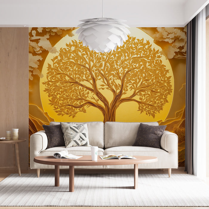 Papier peint doré avec arbre majestueux stylisé pour salon élégant