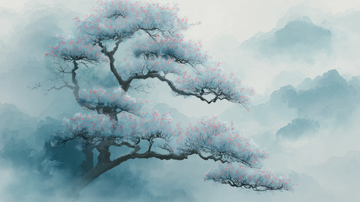 Papier peint arbre en fleurs Un arbre délicat sur fond de brume bleutée