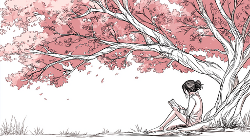 Papier peint arbre en fleurs Une silhouette lisant sous un arbre aux feuilles roses