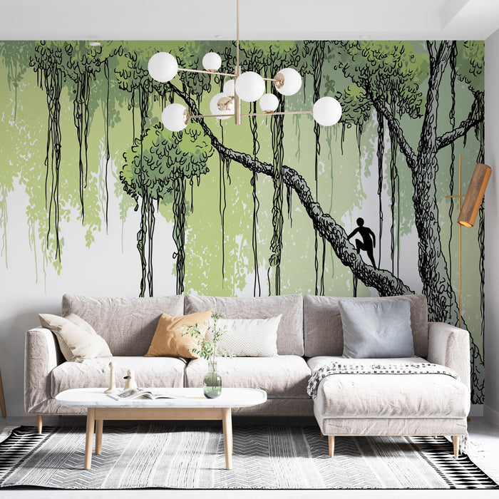 Un salon moderne avec un papier peint illustrant un grand arbre stylisé en nuances de vert, créant une ambiance apaisante et naturelle.