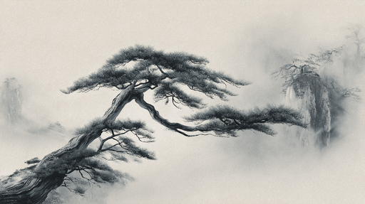 Papier peint arbre encre Un majestueux pin stylisé sur fond brumeux