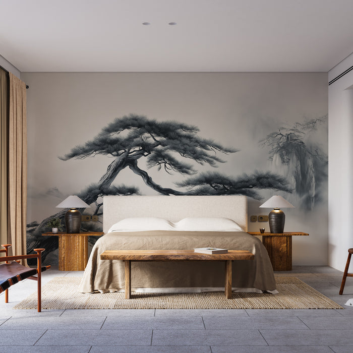 Une chambre élégante avec un papier peint représentant un arbre stylisé en noir et gris sur fond clair, créant une atmosphère zen et apaisante.