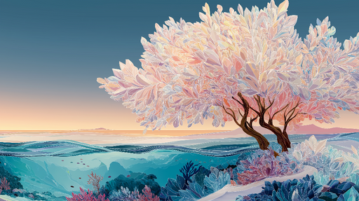 Papier peint arbre et océan Un paysage  avec un arbre aux feuilles délicates au bord de l'eau