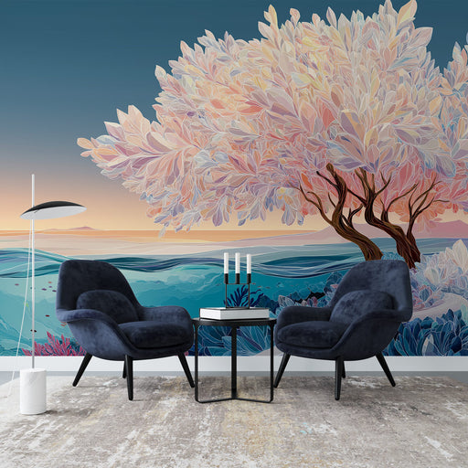 Une pièce moderne avec un papier peint artistique représentant un arbre aux feuilles pastel sur un fond marin apaisant, créant une atmosphère sereine et rêveuse.