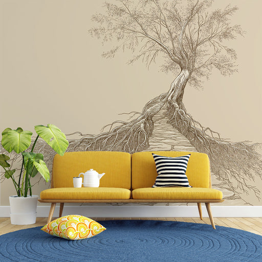 Une pièce de vie moderne avec un papier peint illustrant un arbre stylisé aux racines détaillées, créant une ambiance naturelle et artistique.