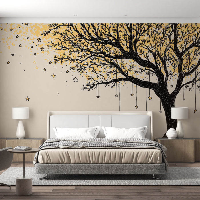 Une chambre moderne avec un papier peint représentant un arbre noir aux feuilles dorées et des étoiles, créant une ambiance rêveuse et apaisante.