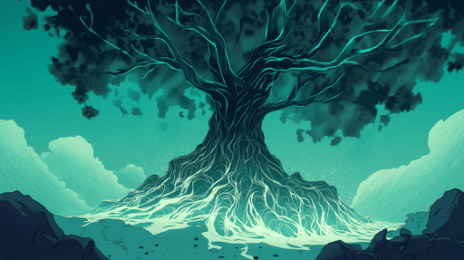 Papier peint arbre fantastique Arbre majestueux avec racines luminescentes sur fond turquoise