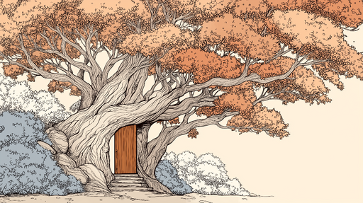 Papier peint arbre fantastique Un majestueux arbre aux feuilles orangées et une porte en bois cachée