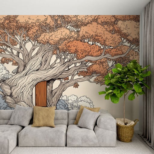 Un salon contemporain avec un papier peint illustrant un grand arbre aux feuilles orange, créant une atmosphère chaleureuse et accueillante.