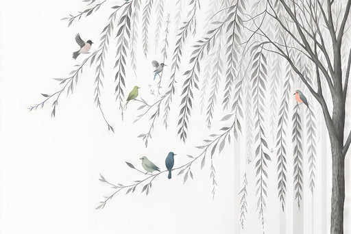 Papier peint illustrant un arbre aux feuilles délicates et des oiseaux colorés, créant une ambiance apaisante et naturelle sur fond clair.