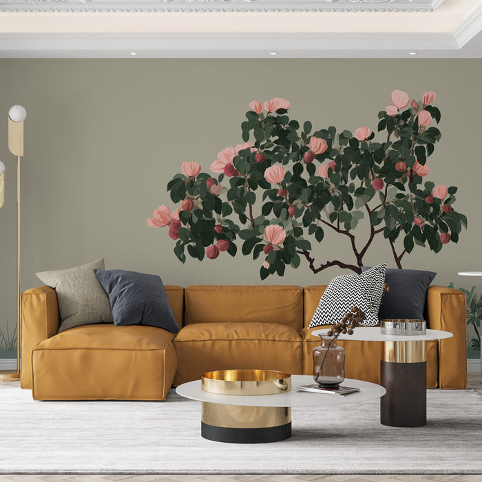 Un salon contemporain avec un papier peint floral représentant un arbre aux fleurs roses et feuillage vert sur un fond gris, créant une atmosphère chaleureuse et accueillante.