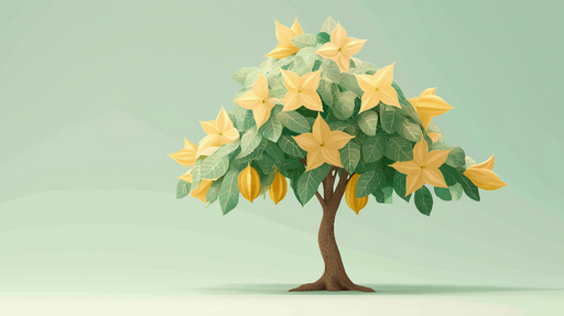 Papier peint arbre fleuri Un arbre aux fleurs jaunes et feuillage luxuriant sur fond pastel