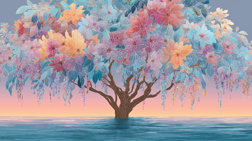 Papier peint arbre fleuri Un arbre majestueux aux fleurs éclatantes et aux branches délicates