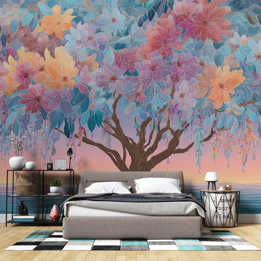 Une chambre moderne avec un papier peint floral représentant un arbre aux fleurs pastel et feuillage délicat, créant une atmosphère douce et apaisante.