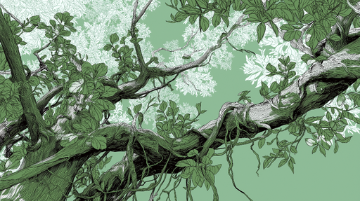 Papier peint arbre floral Branche de bois entourée de feuilles vertes sur fond subtil