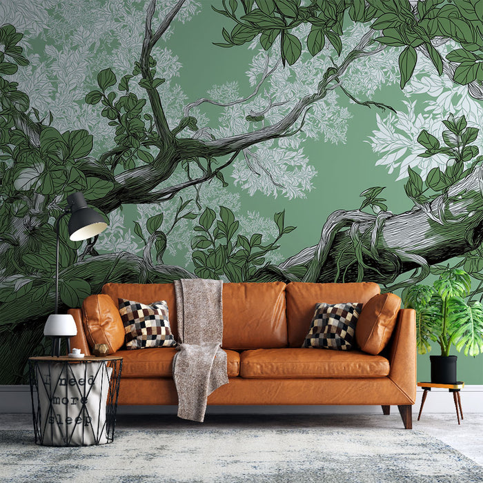 Papier peint arbre floral | Branche de bois entourée de feuilles vertes sur fond subtil
