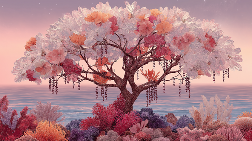 Papier peint arbre floral Un arbre majestueux aux fleurs pastel sur fond marin