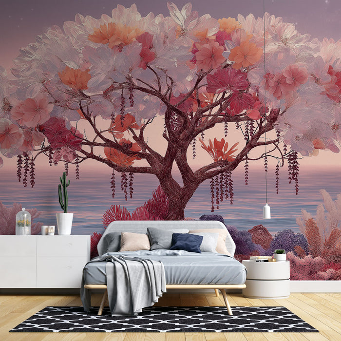 Une chambre moderne avec un papier peint représentant un arbre aux fleurs roses et blanches sur fond dégradé, créant une ambiance douce et poétique.