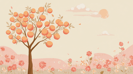 Papier peint arbre fruitier Arbre à oranges stylisé avec des fleurs pastel