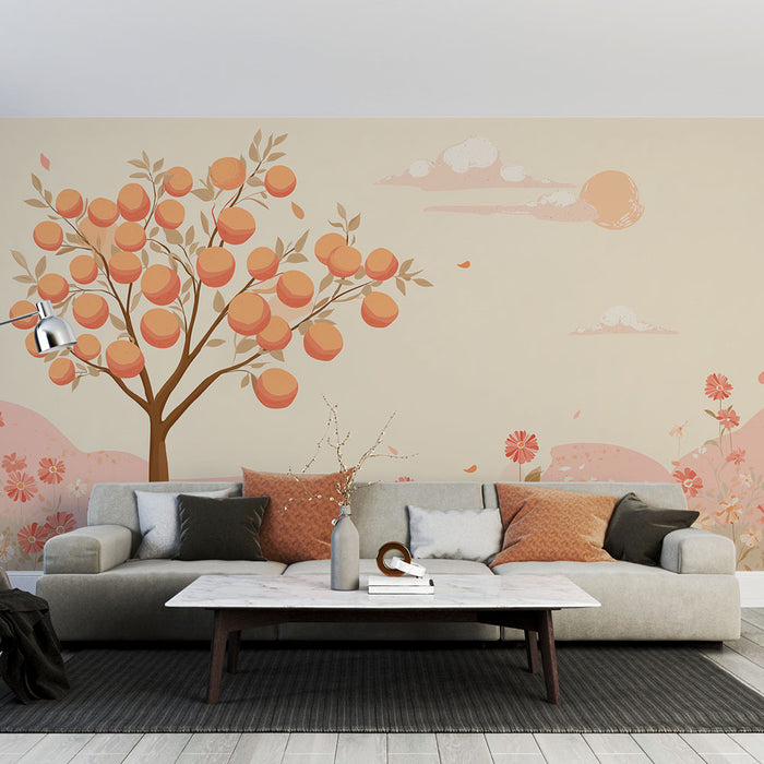 Une pièce de vie moderne avec un papier peint illustrant un arbre fruitier aux oranges et des fleurs pastel, créant une ambiance chaleureuse et joyeuse.