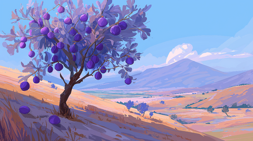 Papier peint arbre fruitier Arbre aux prunes sur un paysage pastoral paisible