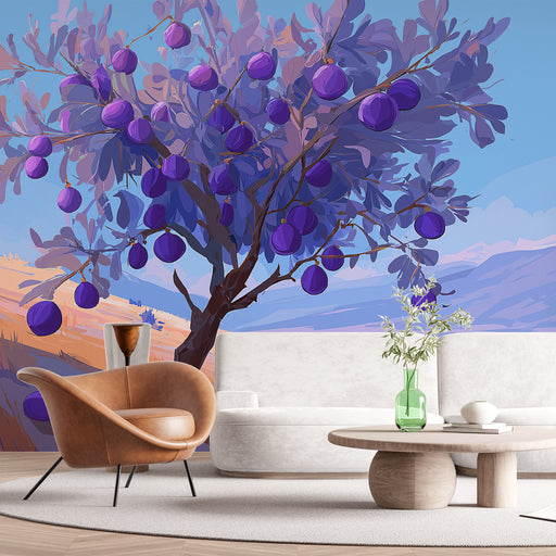 Une salle de séjour contemporaine avec un papier peint illustrant un arbre à prunes aux teintes violettes, créant une ambiance fraîche et artistique.