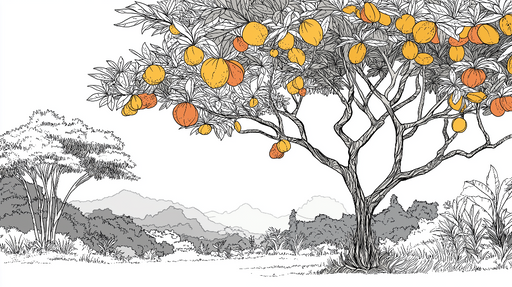 Papier peint arbre fruitier Arbre fruitier aux oranges et paysages en arrière-plan