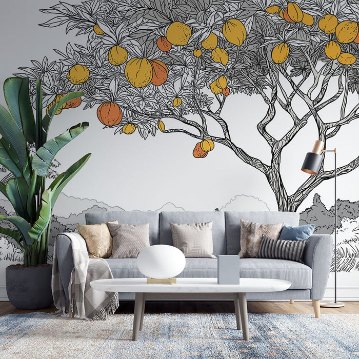 Un salon moderne avec un papier peint illustrant un arbre fruitier aux oranges et jaunes, créant une ambiance fraîche et naturelle.