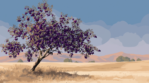 Papier peint arbre fruitier Arbre stylisé avec des fruits violets sur fond désertique