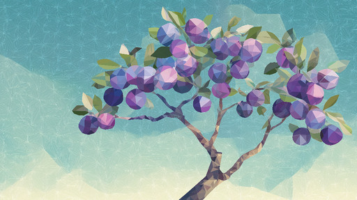 Papier peint arbre fruitier Illustration géométrique d'un arbre avec des prunes violettes
