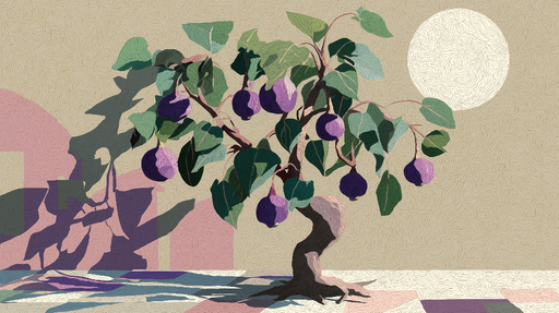 Papier peint arbre fruitier Illustrations artistiques d'un figuier avec des fruits violet sur fond texturé
