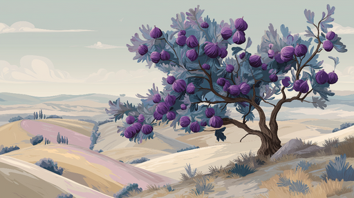 Papier peint arbre fruitier Magnifique arbre aux figues violettes sur fond de paysage pastoral