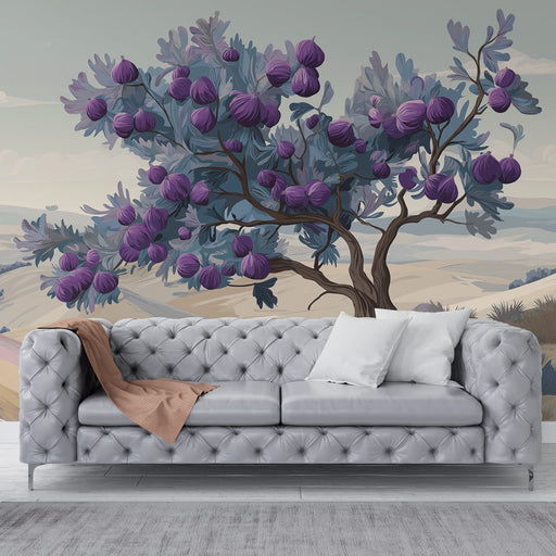 Une pièce moderne avec un papier peint représentant un arbre aux fruits violets sur fond pastel, créant une ambiance artistique et apaisante.