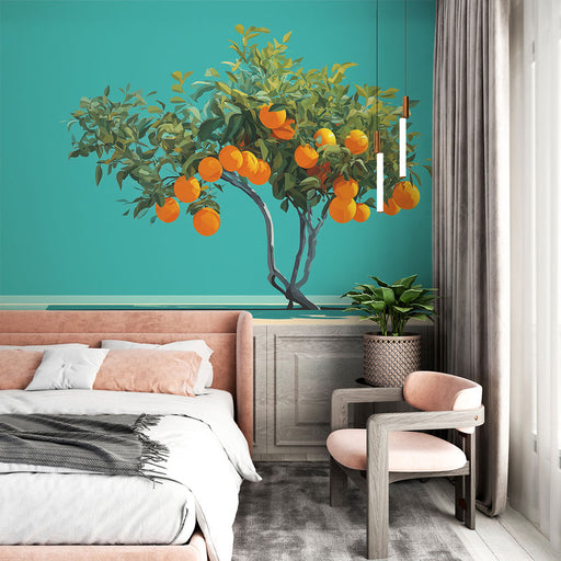 Une chambre moderne avec un papier peint illustrant un arbre fruitier aux oranges sur fond turquoise, créant une ambiance fraîche et vivifiante.