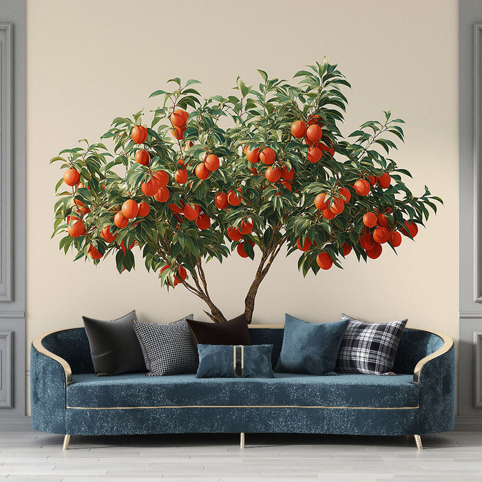 Un salon élégant avec un papier peint représentant un arbre fruitier chargé d'oranges éclatantes, créant une atmosphère chaleureuse et vivante.
