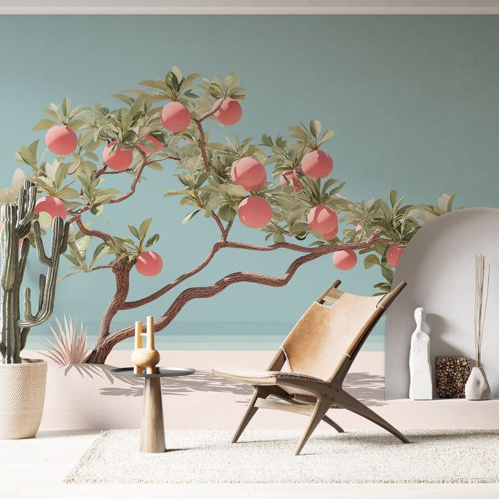 Une pièce lumineuse avec un papier peint tropical représentant un arbre aux fruits roses sur fond bleu, créant une ambiance fraîche et accueillante.