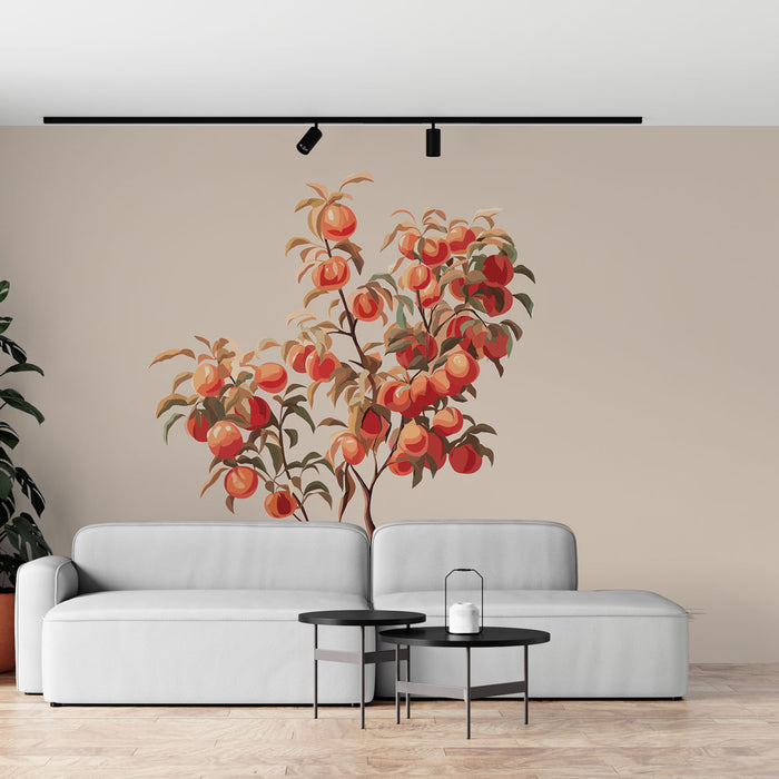 Un salon moderne avec un papier peint représentant un arbre fruitier aux oranges éclatantes sur un fond beige, créant une atmosphère chaleureuse et accueillante.