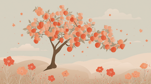 Papier peint arbre fruitier Un arbre en fleurs avec des fruits oranges sur fond doux