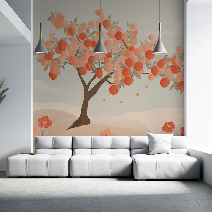 Un salon moderne avec un papier peint illustrant un arbre fruitier aux oranges éclatantes sur un fond doux et apaisant.